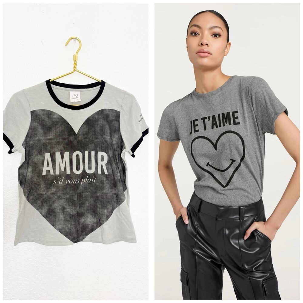 Cinq A Sept Amour Heart Cotton Graphic Tee Size Small Gray Love Casual